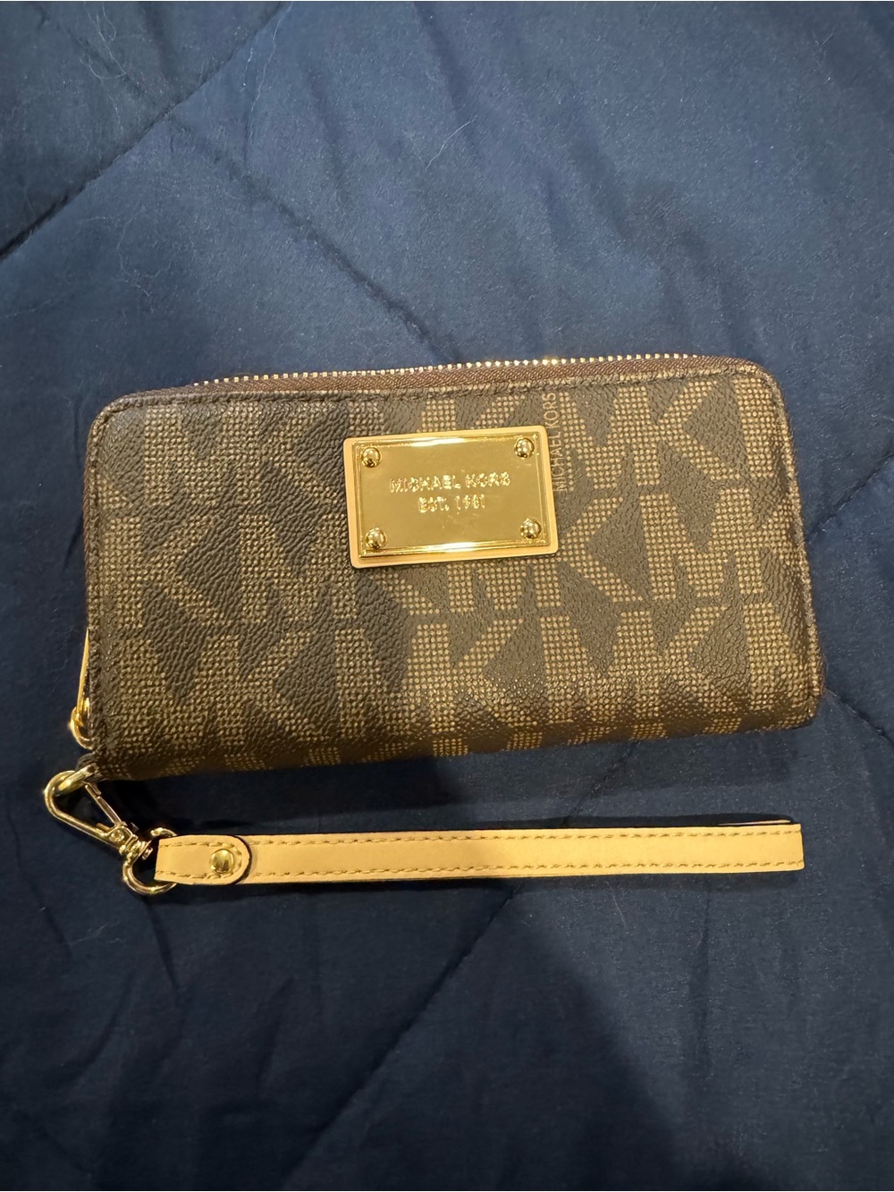 Michael Kors Brown and Tan Logo Wristlet with Gold Hardware